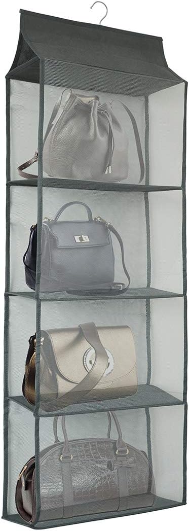 Closet Handbag Purse Holder, Space Saving Hanging Handbag Storage Tote Bag Organizer Holder with 4 Large Heavy-Duty Mesh Shelves for Wardrobe Closet(Gray)