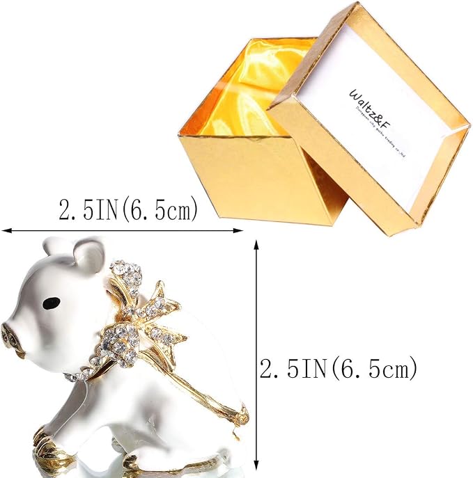 Waltz&F White Pig with Bowknot Handcrafted Pewter Trinket Box Ring Holder Decorative Figurine Collectible