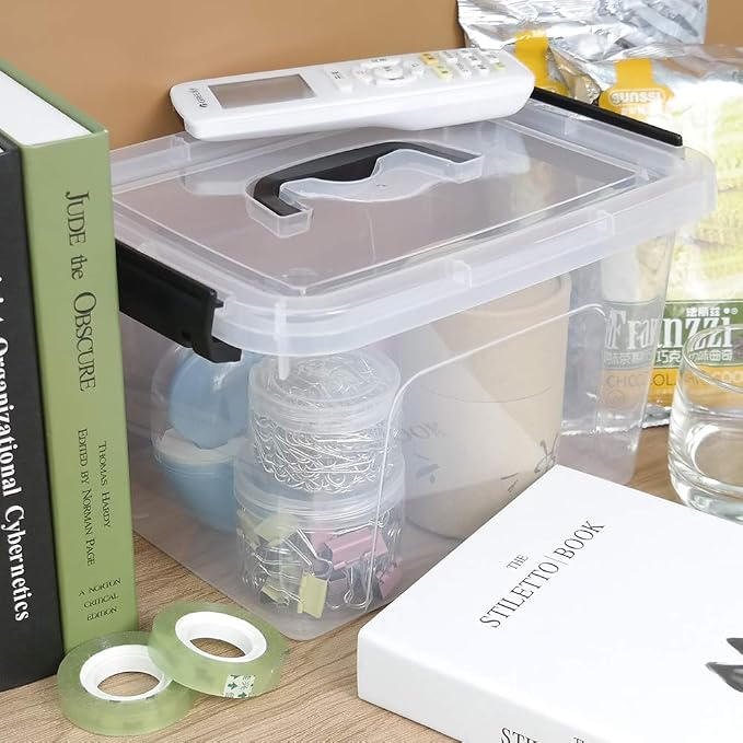 Wekioger 6 Quart Versatile Storage Bins with Handle and Secure Latching Buckles, 6 Packs Plastic Lidded Organizing Container Box, Clear