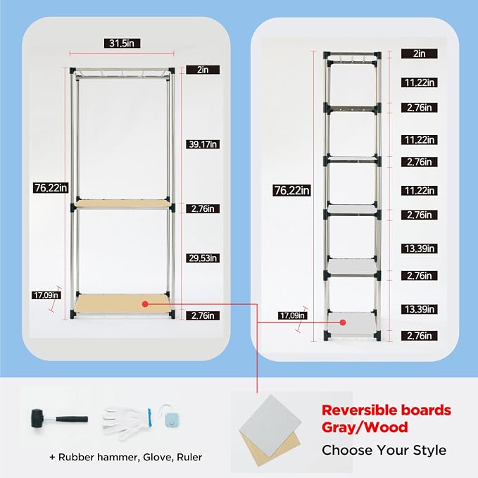 Letusto Premium Stainless Steel Freestanding Closet Organizer System - Easy Assembly, Durable, and Versatile - Heavy Duty Adjustable Portable Wardrobe Clothing Rack (Set A)