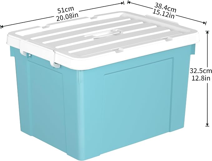 Cetomo Lidded Storage Bin with Handle, Tote Organizing Container with Durable Lid and Secure Latching Buckles, Stackable and Nestable, Plastic, 50 Quart-4 Pack, Blue