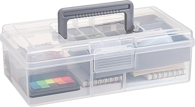 JUXYES Clear Art Craft Supply Storage Bin Sewing Box With Handle Lid | Clear Stackable Latching Craft Storage Bin for School Office, Organizing Stationery, Sewing, Art Craft, DIY Supplies
