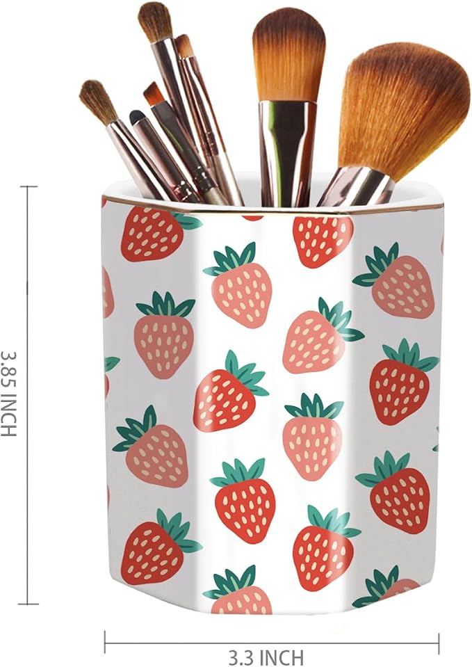 Ceramic Strawberries Pen Holder for Desk Cute Pencil Cup Desk Organizer Makeup Brush Holder for Girls, Women, Stationery for Office, Home, Daily Use, (Pink+white)