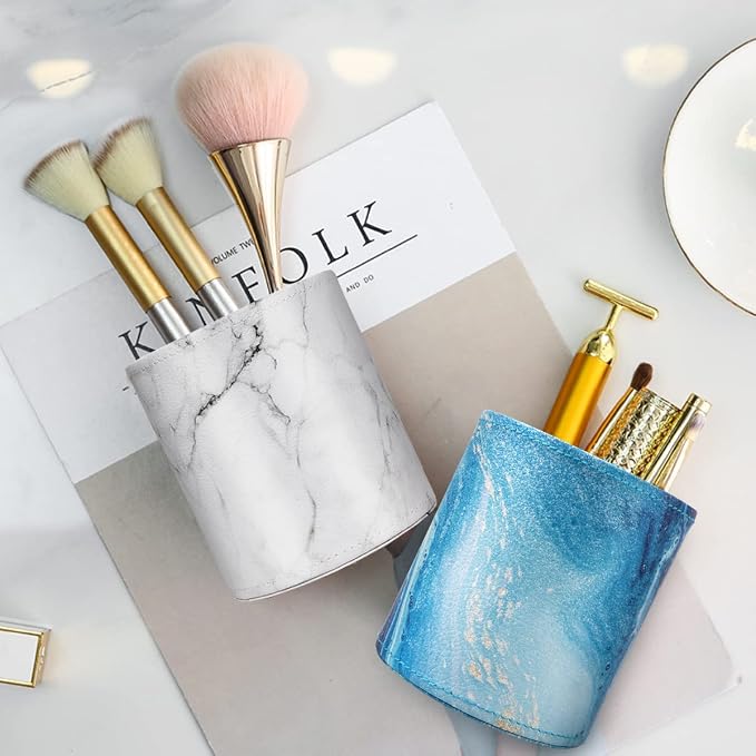 Marble Pen Holder for Desk, Pencil Organizer Office Decor, Large Makeup Brush Holder Pu Leather Multi-Functional Organizer Cup for Office, Home, Classroom, Blue Marble