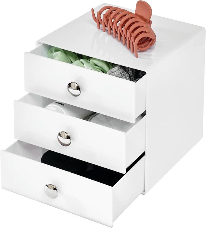 iDesign 3-Drawer Plastic Vanity Organizer, Compact Storage Organization Drawers Set for Cosmetics, Dental Supplies, Hair Care, Bathroom, Dorm, Desk, Countertop, Office, 6.5" x 6.5" x 6.5", White | Bathroom Storage, Vanity Storage