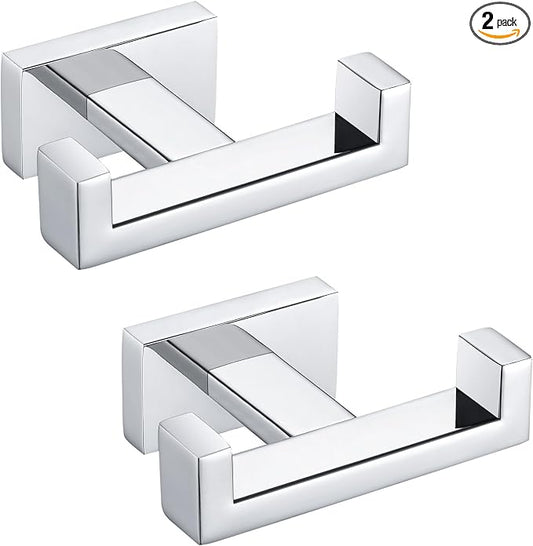 APLusee Double Robe Towel Hook Polished Chrome 2 Pack, 304 Stainless Steel Square Towel Hanger, Minimalist Coat Holder for Modern Bathroom Washroom