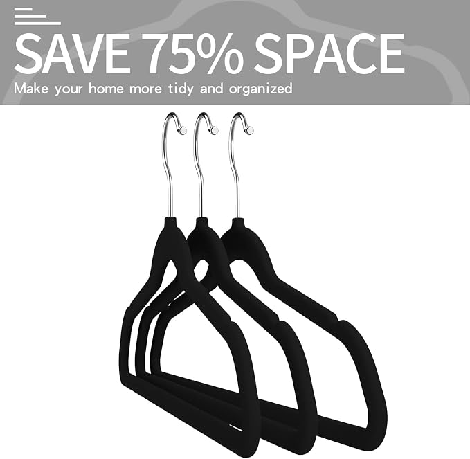 Velvet Clothes Hangers (50 Pack) Heavy Duty Durable Suit Hanger Vibrant Color Hangers Lightweight Space Saving Coat Hangers for Closet -Black-Silver
