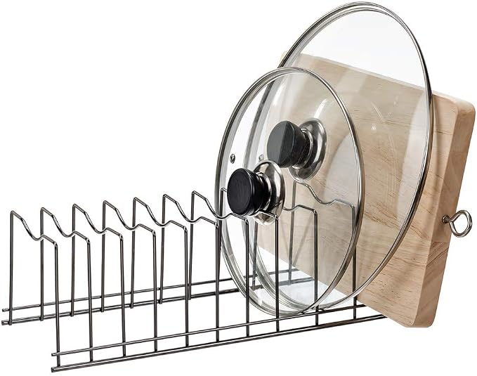 SANNO Pan Pot Lid Holder Organizer, Rack Kitchen Organizer for Plates, Cutting Boards Bakeware, Cooling, Pots & Pans, Serving Trays,Lids Holder Rack,Nickel, 10 Dividers