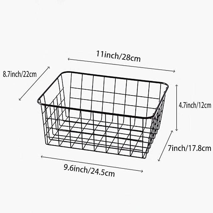 Metal Wire Storage Basket with Handles for Kitchen Food Pantry Papers Home Office Desk Shelf Bathroom Laundry Room Shelf Bedroom Bed Room, 2PCS (Black)