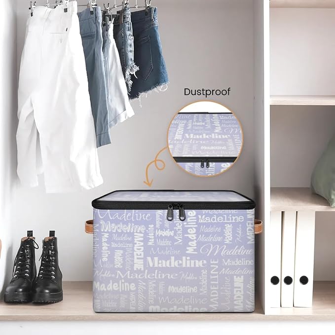 Custom Storage Basket with Name, Personalized Keepsake Box with Zipper Lid, Foldable Fabric Memory Bin Large capacity with Handle Purple White