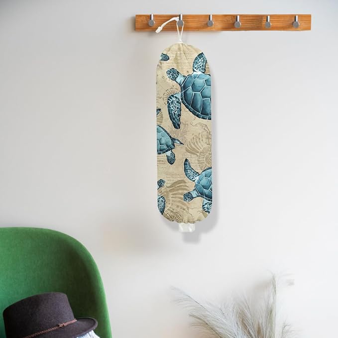 Turtle Plastic Bag Holder for Kitchen Essentials Sea Turtle Gifts for Women | Shells Wall Mount Grocery Bag Holder for Plastic Bags, Reusable Grocery Bags Storage Dispenser for Kitchen Pantry Decor