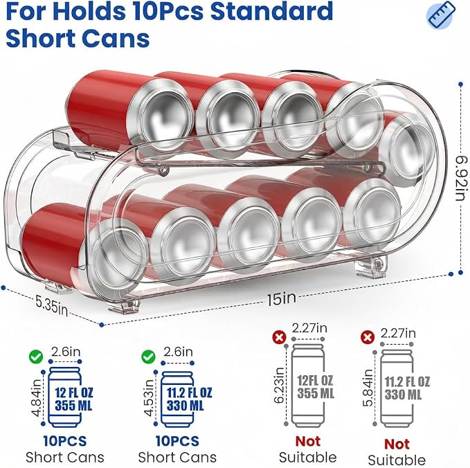 2 Pack Auto-Rolling Soda Can Organizer for Refrigerator/Fridge, Upgraded Soda Can Dispenser & Holder for Pantry Storage 10 Standard Size 12oz/ 11.2oz/ 355ml/ 330ml Drink Short Cans (Clear)