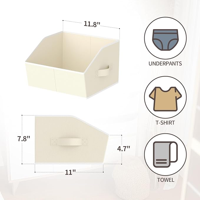 Homsorout Storage Bins for Shelves - Small Trapezoid Closet Shelf Organizer, Fabric Organization Bins with Handles, Storage Baskets for Clothes, Towel, Purse, 6 Pack, Beige
