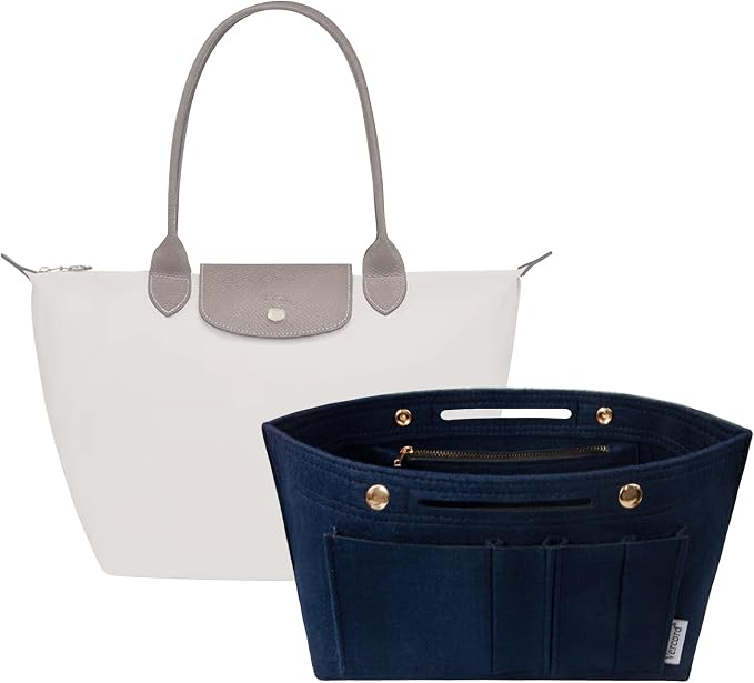 Vercord Purse Organizer Insert for Long champ Felt Organizer Insert with Zipper Handbag Insert Tote Shaper Storage Bag Navy Blue L