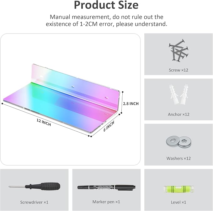Sezanrpt 12 Inches Iridescent Wall Shelves, Moisture-Proof Acrylic Organizer Shelves for Bathroom, Bedroom, Living Room, Retail, 4 Pack