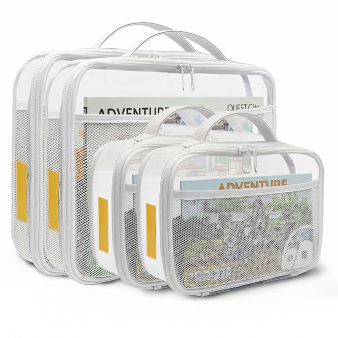 holay 4 Packs PVC Toy Storage Organizer with Zipper, Name Tag & Manual Pocket, Clear Durable Case for Blocks, Clay, Board Games, Travel (White, Small, Large)