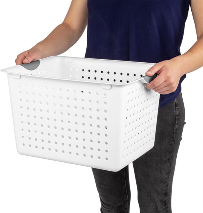 Sterilite 6-Pack Deep Ultra Basket, Open Top Plastic Storage Organizer, White - Large Containers for Organizing Pantry Shelves, Kitchen Cabinets, Laundry Areas, Dorm Rooms, and Classrooms
