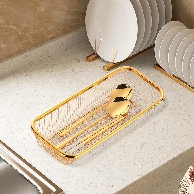 Kitchen Drawer Organizer, Stainless Steel Storage Container Metal Cabinet Storage Basket for Holding Silverware Kitchen Utensil, Pack of 2, Orange