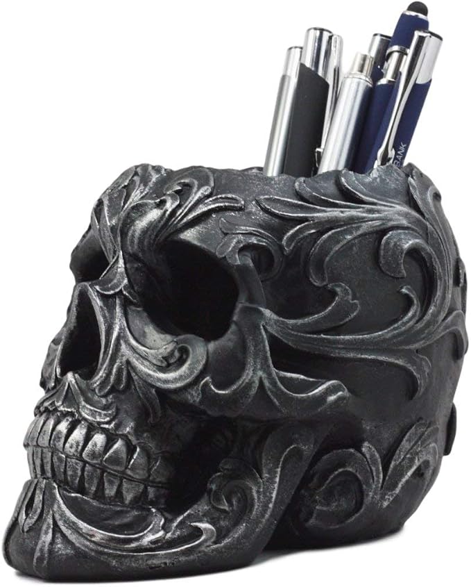 Ebros Gift Set Of 2 Tribal Tattoo Floral Skull Pen Holder Figurine 5.75" L Office Desktop Ossuary Skulls Decor Cranium Skeleton Head Stationery Holder As Halloween Macabre Graveyard Spooky Statue