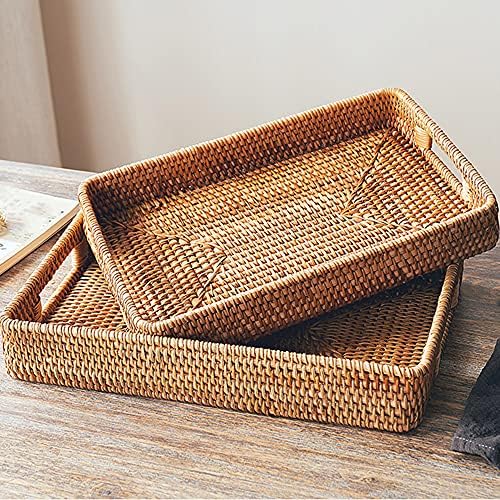 i-lan 2 Pack Natural Rattan Serving Trays with Handles – Handwoven Rectangular Wicker Baskets for Food, Bread, Fruit | D