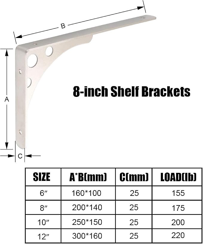 CBTONEE 8 Inch Heavy Duty Shelf Bracket, Pack of 4, Wall Mounted Floating L Bracket Stainless Steel Triangle Shelf Supporter, Thicken 4mm, Included Free Screw Accessories