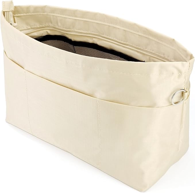 Handbag Tote Purse Organizer Insert, Small, Beige | Bag Divider Liner Shaper Separator in Bag with Zipper, 11 Pockets Compartments