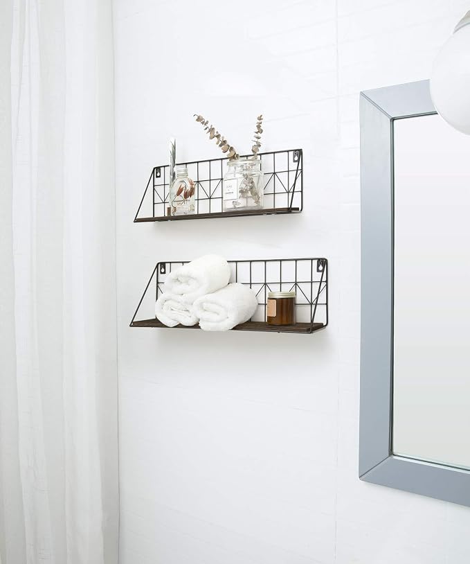 Mkono Floating Shelves Wall Mounted Set of 2 Rustic Wood Storage Display Shelf with Metal Wire Basket, Hanging Shelf for College Drom Bedroom Bathroom Living Room Kitchen Office, Brown,Medium