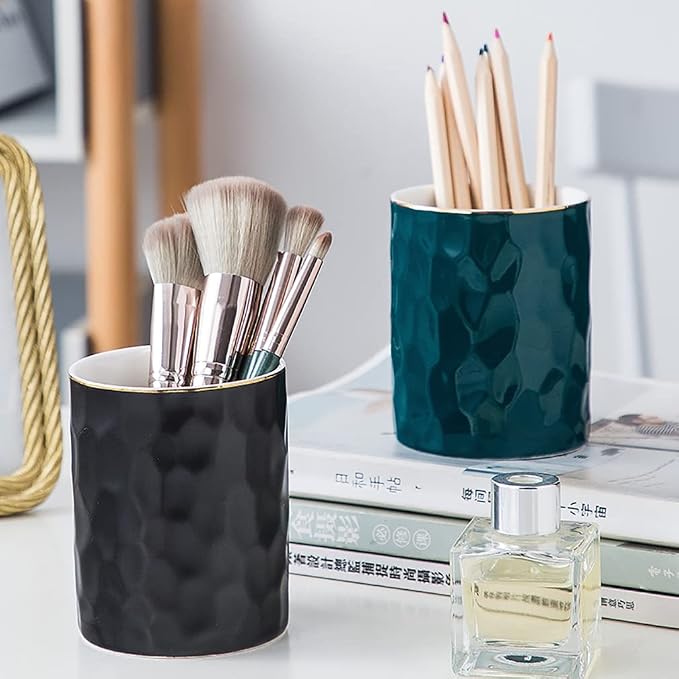 Ceramic Pen Holder Stand Cup Pencil Holder Organizer Makeup Brush Holders for Home Office Desk (Dark-Green)