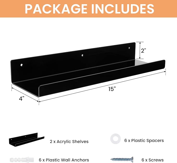 upsimples 2 Pcs 15" Acrylic Shelves for Wall Organize and Display, Black | Cute Floating Shelf for Perfume, Skincare, Nail Polish, Wall Organizer for Bedroom, Living Room, Playroom, Room Décor