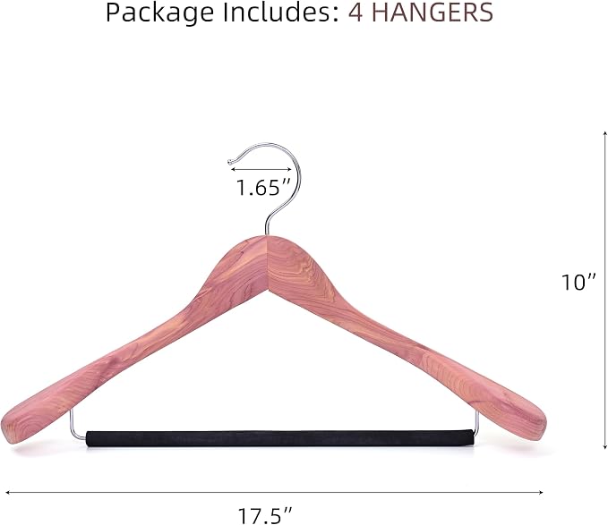 Unfinished American Red Cedar Wooden Coat Suit Hangers with Extra Wide Shoulder, Wood Jacket Clothes Hanger with Non Slip Black Padded Pant Bar- 360°Flexible Hook, Natural 4 Pack