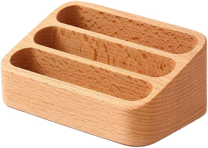 Sizikato Wooden Business Card Holder for Desk, 3 Card Slots Business Card Display Holder Stand