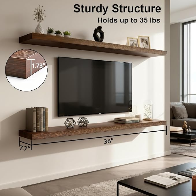 Floating Shelves for Wall,Wall Shelves for Decor Storage,Display Shelving 36 inch Set of 2,Wall Mounted Wood Shelf for Bedroom,Living Room,Bathroom,Kitchen,Brown (2pcs,Brown)