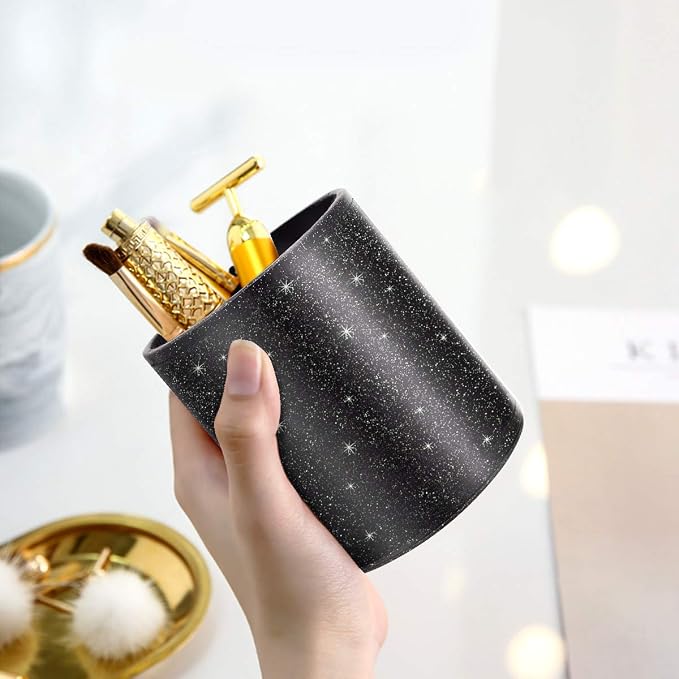 Pen Holder for Desk,Stand for Office Luxury Glitter Pencil Cup for Women Men Leather Organizer for Adult Teen, Black
