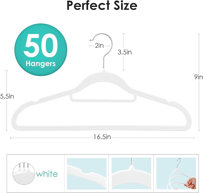 DUDUCOFU Velvet Hangers Non Slip Felt Hangers, 50 Pack White Velvet Clothes Hangers Space Saving Slim with 360 Degree Swivel Hook for Suits Coats, Jackets, Pants, and Dress Clothes