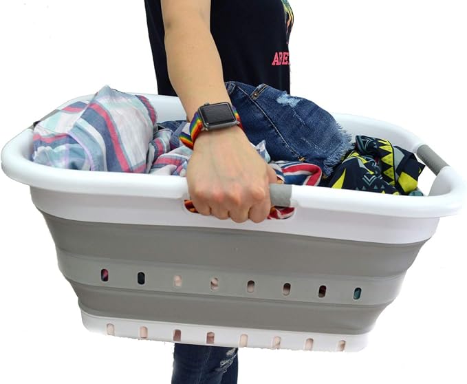 SAMMART 41L (10.8 gallon) Collapsible 3 Handled Plastic Laundry Basket - Foldable Pop Up Storage Container/Organizer - Portable Washing Tub - Space Saving (3 handled rectangular, White/Grey)