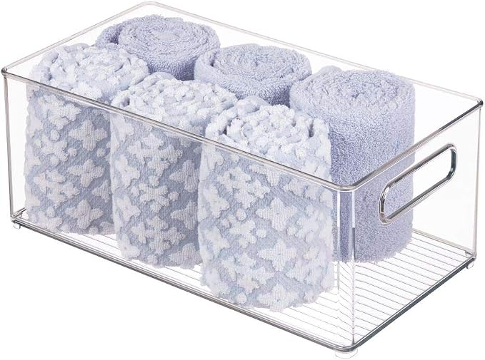 mDesign Plastic Bathroom Storage Container Bins w/ Handles - Closet, Cabinet, Vanity, Cupboard Shelf Organization, Hair Tools Accessory Organizer - Ligne Collection; Clear, 14.6x8.1x6 (Pack of 4)