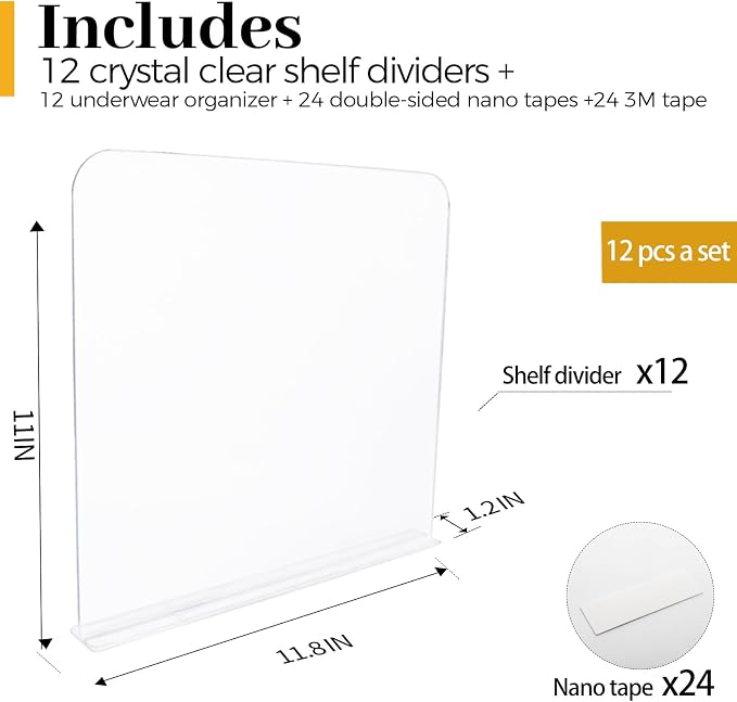 ROUFA Clear Shelf Dividers, Acrylic Closet Dividers Fit for Any Thickness of Shelves, 12pcs Multi-Purpose Wood Shelf Separators for Bedroom, Kitchen, Office, Bathroom, 11.8''x11''