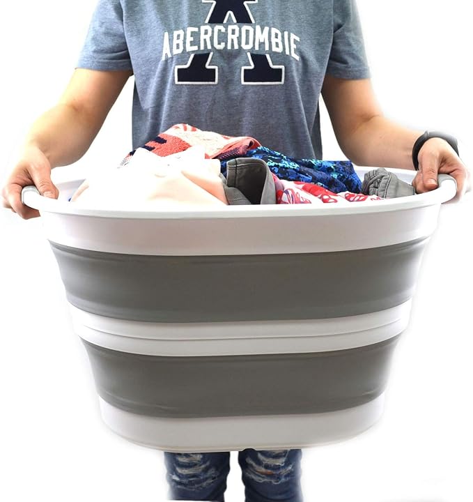 SAMMART 34L(8.98 Gallon) Set of 2 Collapsible Plastic Laundry Basket-Oval Tub/Basket-Foldable Storage Container/Organizer-Portable Washing Tub-Space Saving,Water Capacity 29L(7.66 Gallon) (2, Grey)
