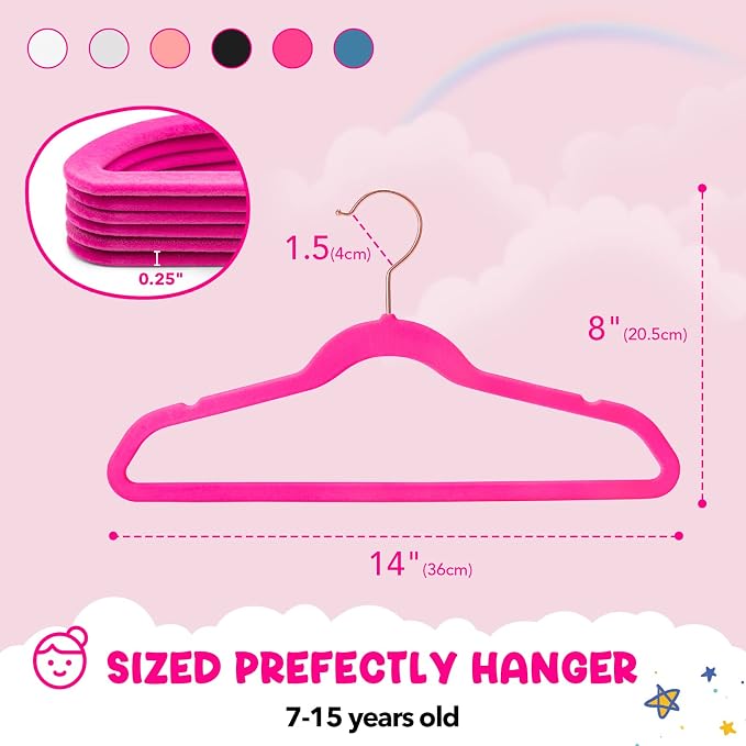 HOUSE DAY Velvet Kids Hangers 60 Pack, Premium Childrens Hangers for Closet, Ultra Thin Cute Clothes Hanger, Non Slip Small Felt Hanger 14 Inch for Kids Clothes, Hot Pink