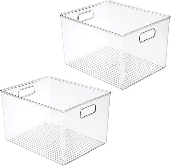 mDesign Plastic Modern Kitchen, Pantry Food Storage Container Bin w/ Handles - Cabinet, Fridge/Freezer, Countertop Organizer - Snacks/Drink/Appliances; Ligne Collection, Clear, 12x10x7.75 (Pack of 2)