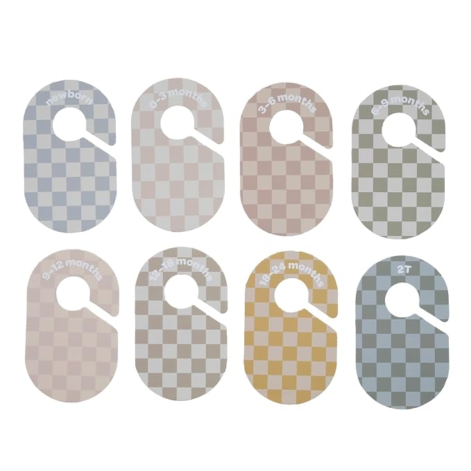 3 Sprouts Baby Closet Dividers, Newborn to 2T, Checkerboard, 8 Piece Set | Newborn to 2T sizing, 8-piece set, Double-sided size labels, Age labels, Nursery closet storage, Baby clothes organizer