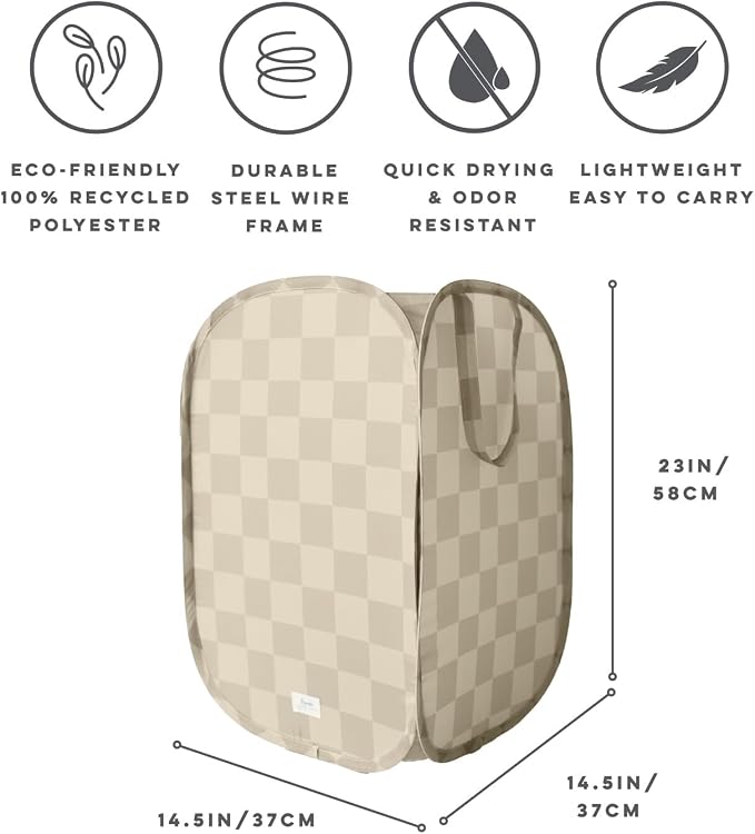 3 Sprouts Pop Up Hamper - Collapsible Laundry Basket, Popup & Foldable Design - Durable Waterproof Fabric for Dirty Clothes, Toys & Towels - Ideal for Dorm, Bedroom & Baby Nursery, Checkerboard Beige
