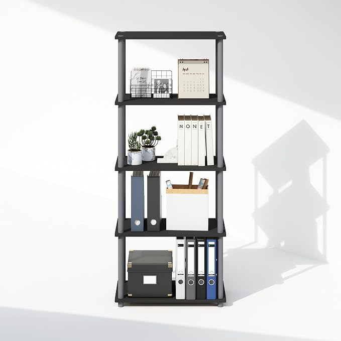 Furinno Turn-N-Tube Book Shelf, 5-Tier Bookshelf, Bookcase with Multipurpose Compact Display Rack, 11.6 x 23.6 x 57.4, for Living Room, Bedroom, Home Office, Black/Grey