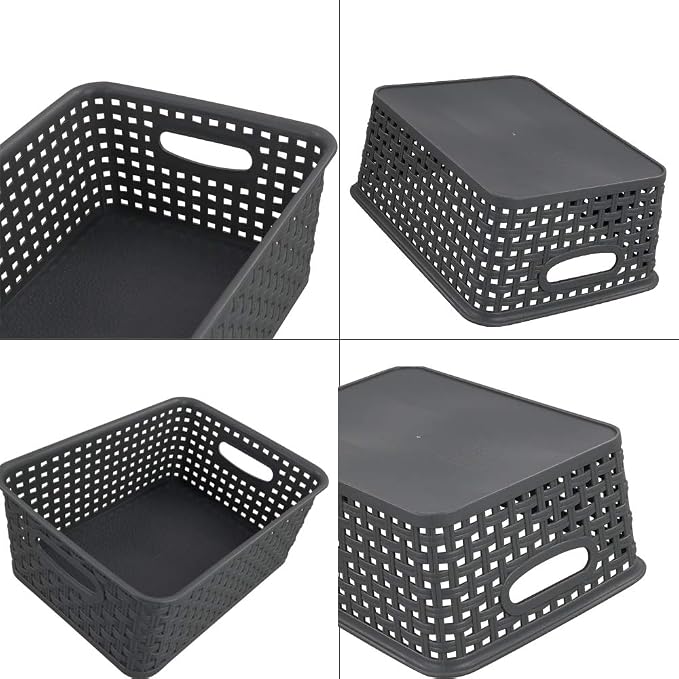 4-Pack Small Storage Baskets, Woven Plastic Basket, Gray | 10" x 7.7" x 4", Home Organization, Space - Saving Storage, Stylish Design, Organizer Baskets for Cabinet, Closet, Office