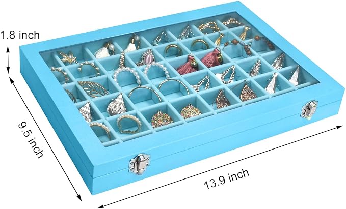Siveit Jewelry Tray Organizer Box 48 Grid Jewelry Display Organizer Box with Transparent Lid Rings Earrings Necklaces Pendants Display Box Suitable for Women and Girls (48 Grid, Sky Blue)
