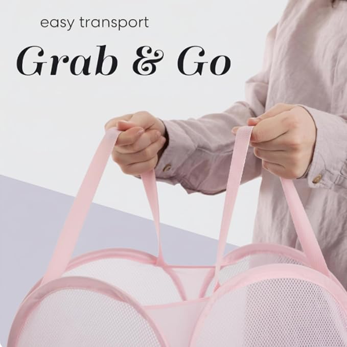 Handy Laundry Collapsible Mesh Pop Up Laundry Hamper with Side Pocket, Breathable & Space-Saving Foldable Basket for Clothes, Toys, Travel, Storage, 14 x 13 x 24 in, Pink