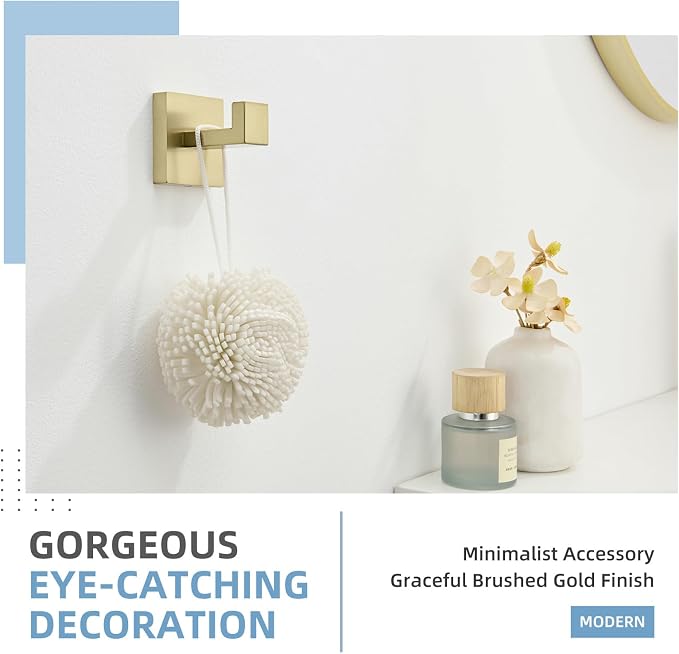 Angle Simple Bathroom Towel Hook Brushed Gold, SUS304 Stainless Steel Hand Towel Holder, Robe Hat Coat Hook for Wall Mount