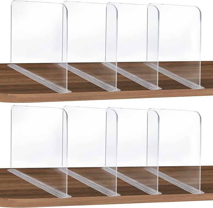 ROUFA Clear Acrylic Shelf Dividers, 8Pcs Closet Dividers Fit for Any Thickness of Shelves, Multi-Purpose Wood Shelf Separators for Bedroom, Kitchen, Office, Bathroom, 11.8''x11''
