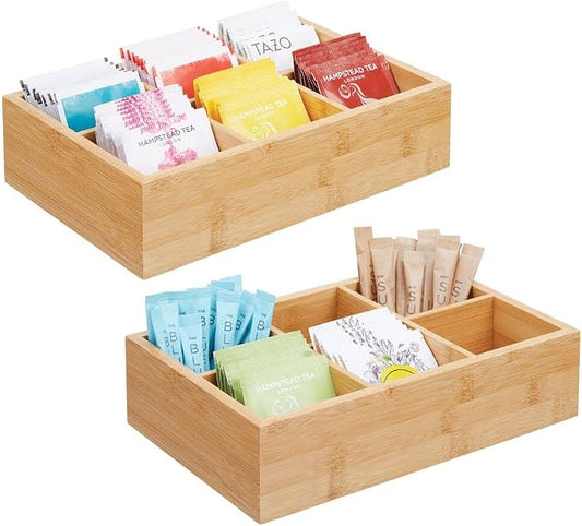 mDesign Bamboo Tea & Food Storage Organizer Container Box - Wooden Holder Case for Tea Bags, Coffee, Snacks, Sugar, Sweeteners, and Small Packets - Echo Collection - 2 Pack - Natural Wood