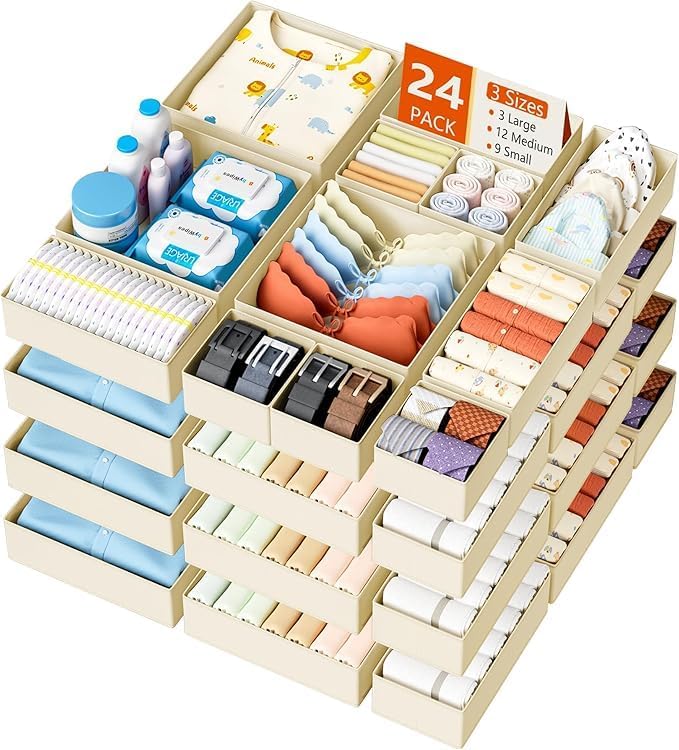 DIMJ Drawer Organizer Clothes Storage - 24 Pack Baby Dresser Organizer for Nursery, Small Fabric Closet Drawer Organizer Bins for Underwears Socks, Foldable Storage Dividers Organization for Bedroom